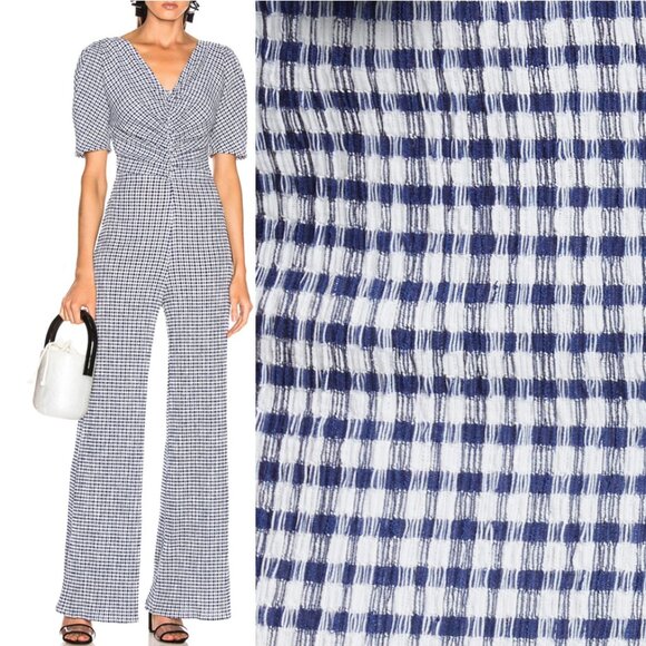 Staud Fraise Seersucker Jumpsuit Navy Gingham - Picture 1 of 8
